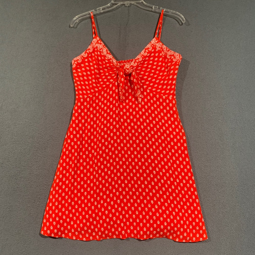 Gianni Bini Mini Dress Womens 10 Red White Paisley Tie Front Boho Sundress
